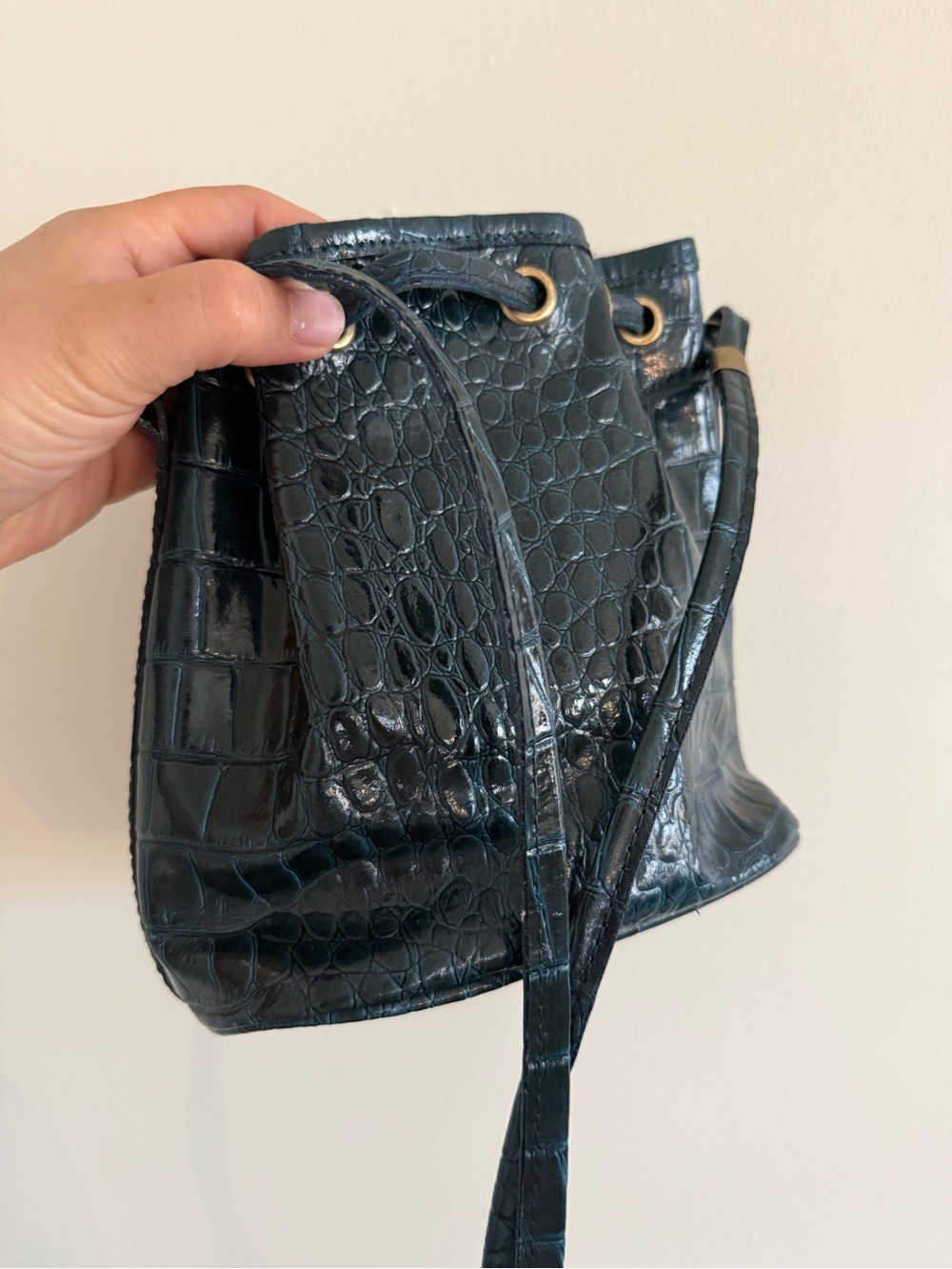 ❌SOLD LOCAL❌ Vintage Teal Croc-Embossed Leather Bucket Bag Mini Crossbody - Picture 5 of 12